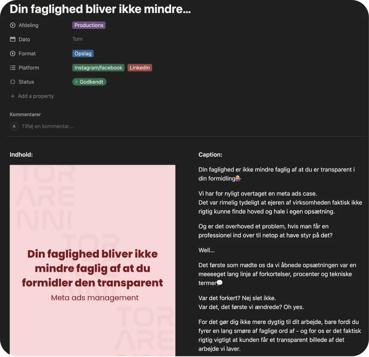 Skærmbillede af et planlagt opslag med indhold og caption